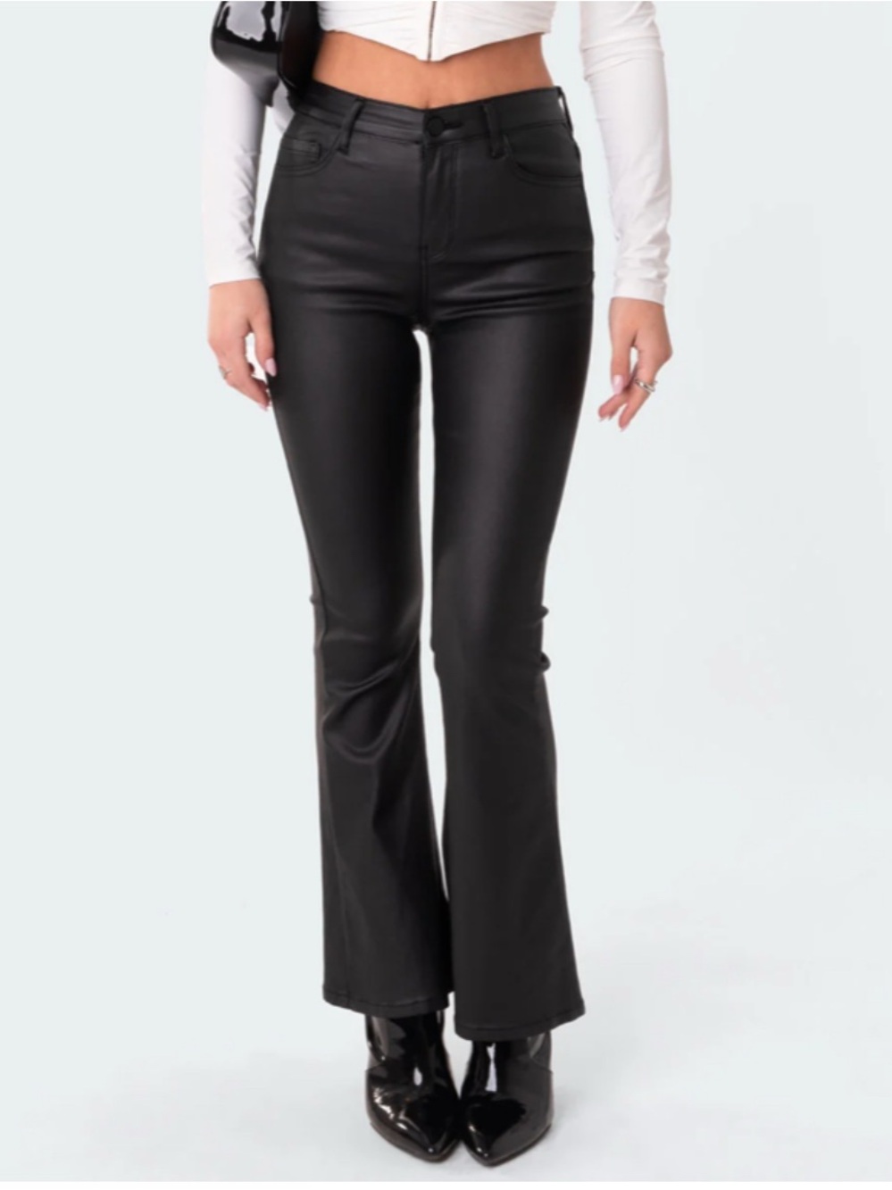 EDIKTED PETITE LUNA FAUX LEATHER FLARE JEANS size Small (ALTERED)